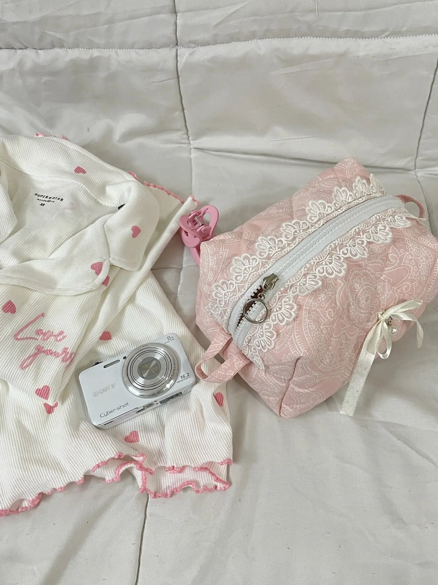 Sakura Pink Quilted Makeup Pouch Amora