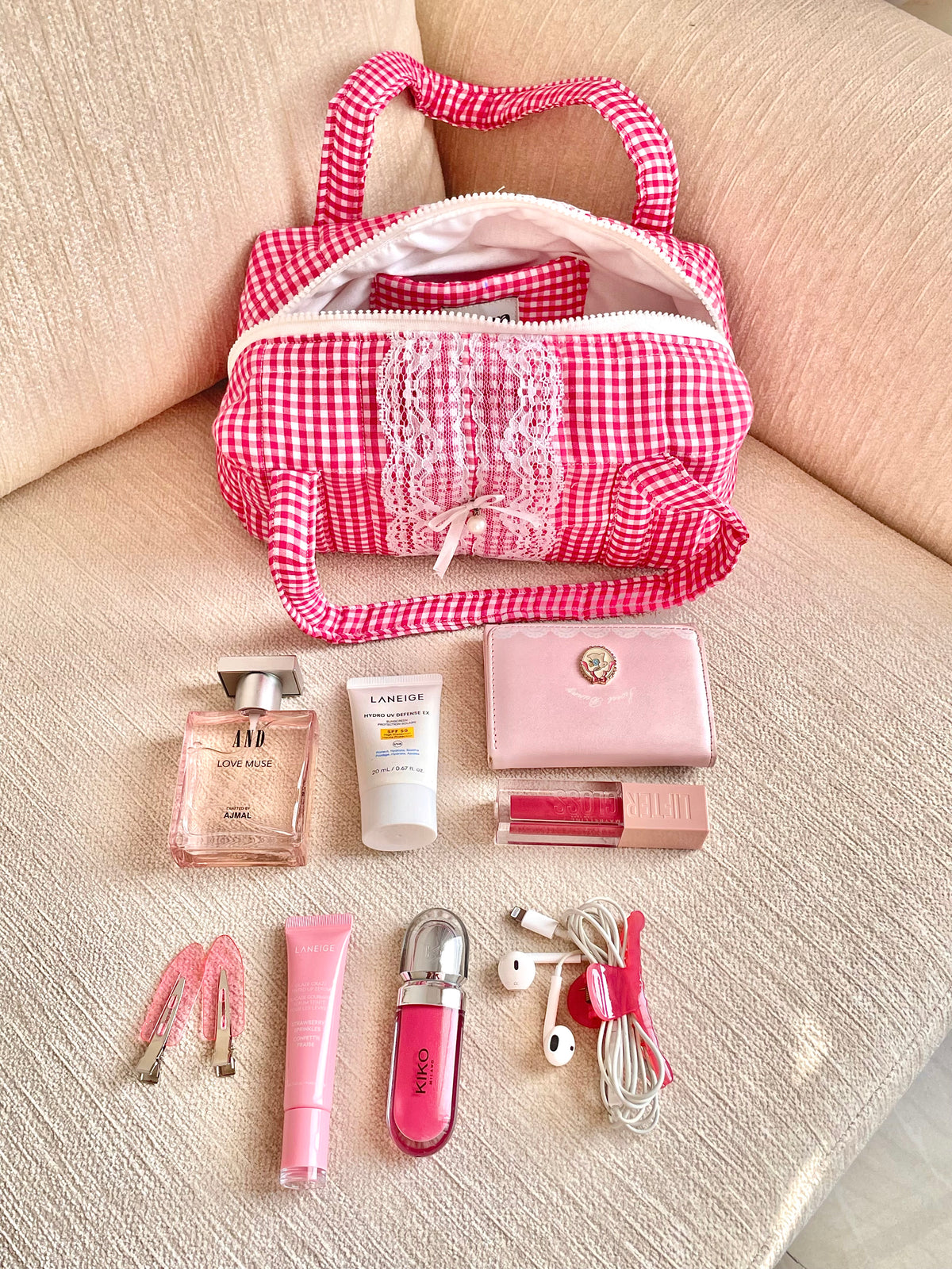 Rosy Gingham Quilted Mini Bag with Lace & Pearl Bow Amora