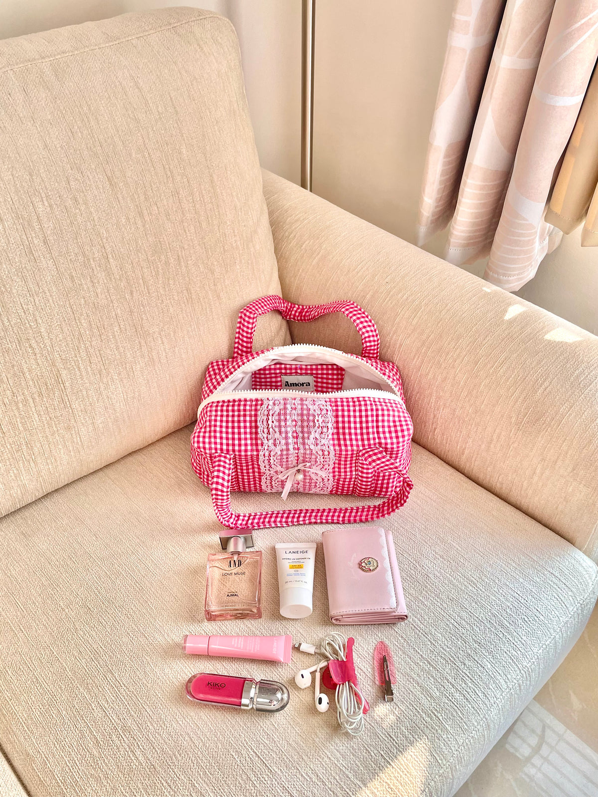 Rosy Gingham Quilted Mini Bag with Lace & Pearl Bow Amora