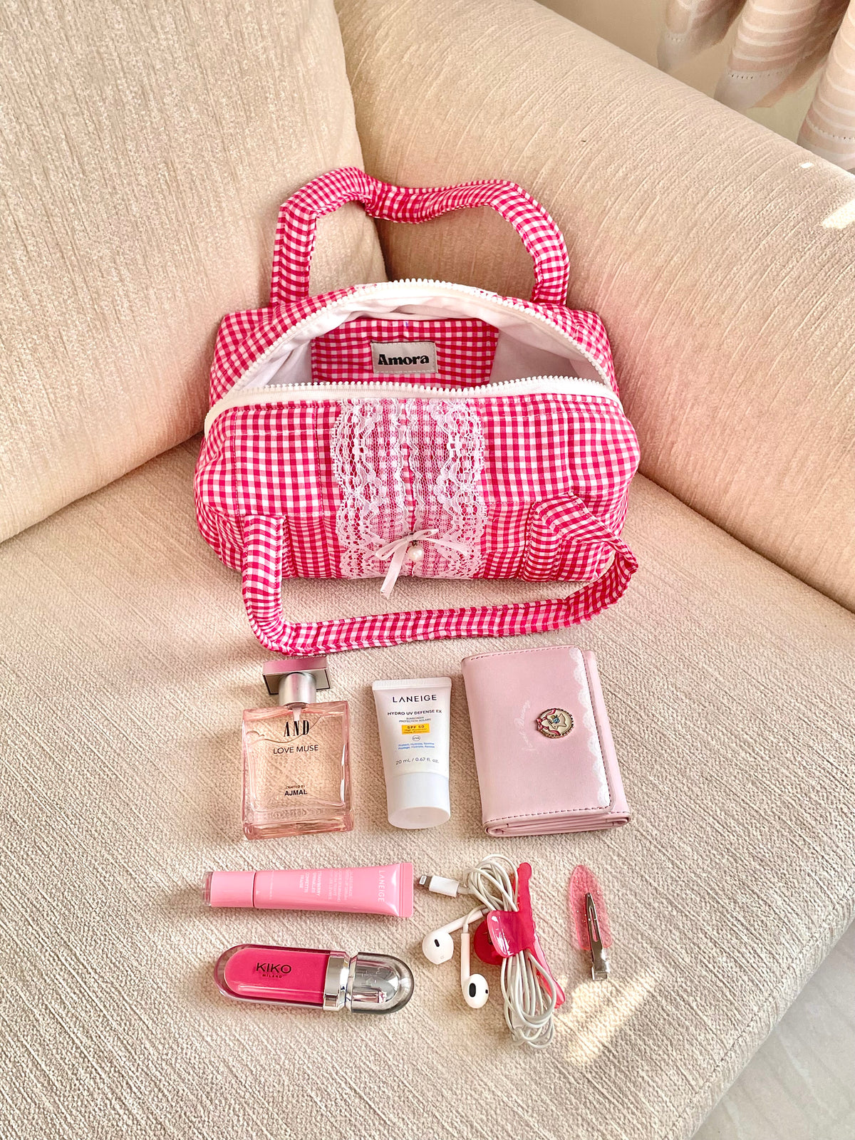 Rosy Gingham Quilted Mini Bag with Lace & Pearl Bow Amora
