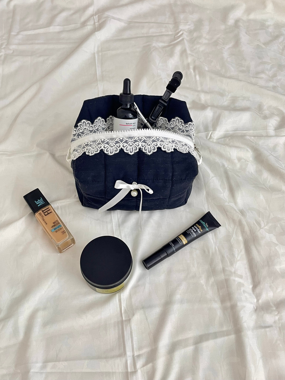 Duchess Black Quilted Beauty Case with Lace & Pearl Bow