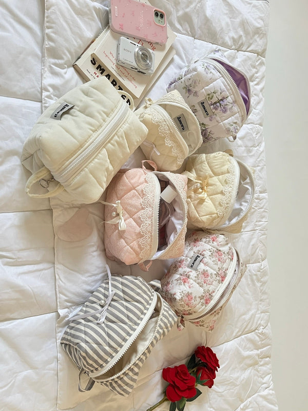 Quilted Makeup Pouch, Assorted Prints (Random Pick), 20×12×10 cm, Cotton Lining, Handmade