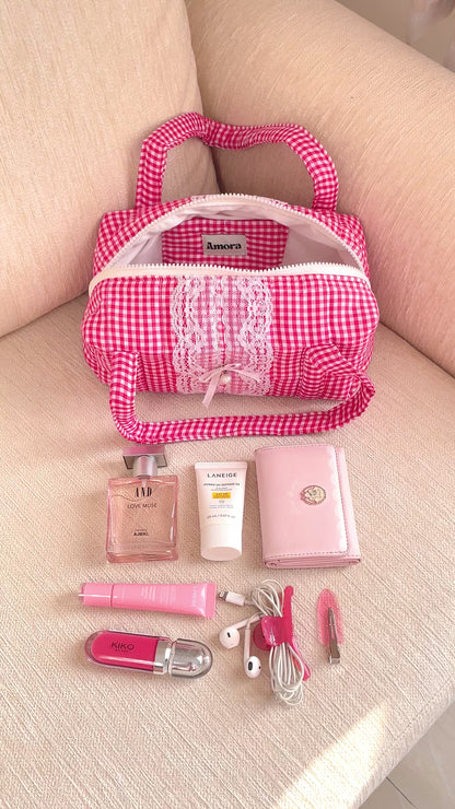 Rosy Gingham Quilted Mini Bag with Lace & Pearl Bow