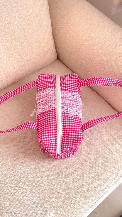 Rosy Gingham Quilted Mini Bag with Lace & Pearl Bow